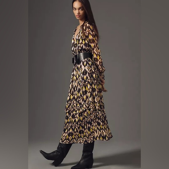 Anthropologie The Marias Geometric Long Sleeve Dress in Yellow and Black - Picture 3 of 5